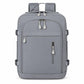 Gray travel backpack with front zip pockets, side straps, and top carry handle