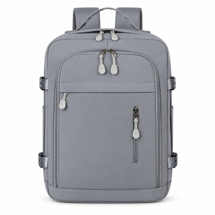 Gray travel backpack with front zip pockets, side straps, and top carry handle