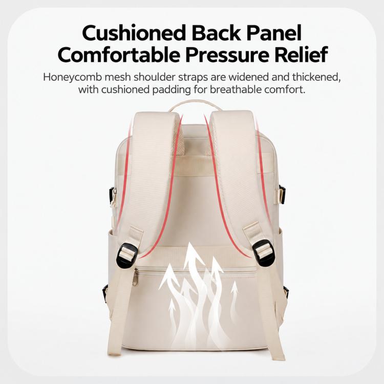 Beige backpack back view with cushioned shoulder straps and comfort back panel