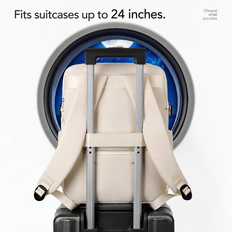 Beige backpack with luggage pass-through strap for stacking on a suitcase