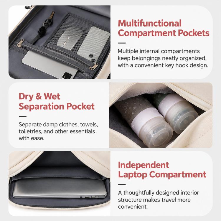 Beige backpack with dry & wet separation pocket and independent laptop compartment