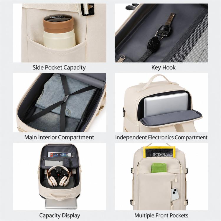 Beige backpack pocket details: side pocket, key hook, and electronics compartment