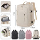Beige travel backpack with front zip pocket, side handle, and dual compartments
