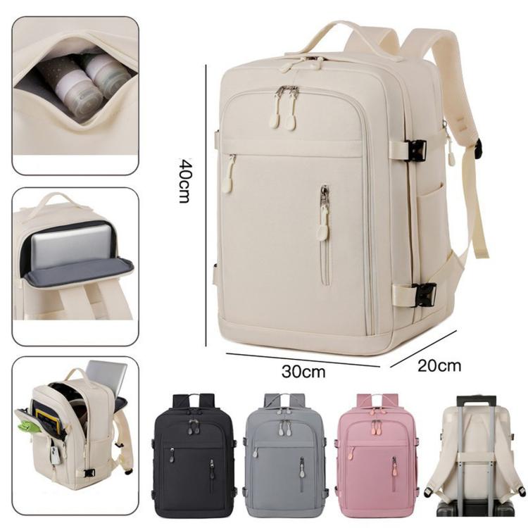 Beige travel backpack with front zip pocket, side handle, and dual compartments