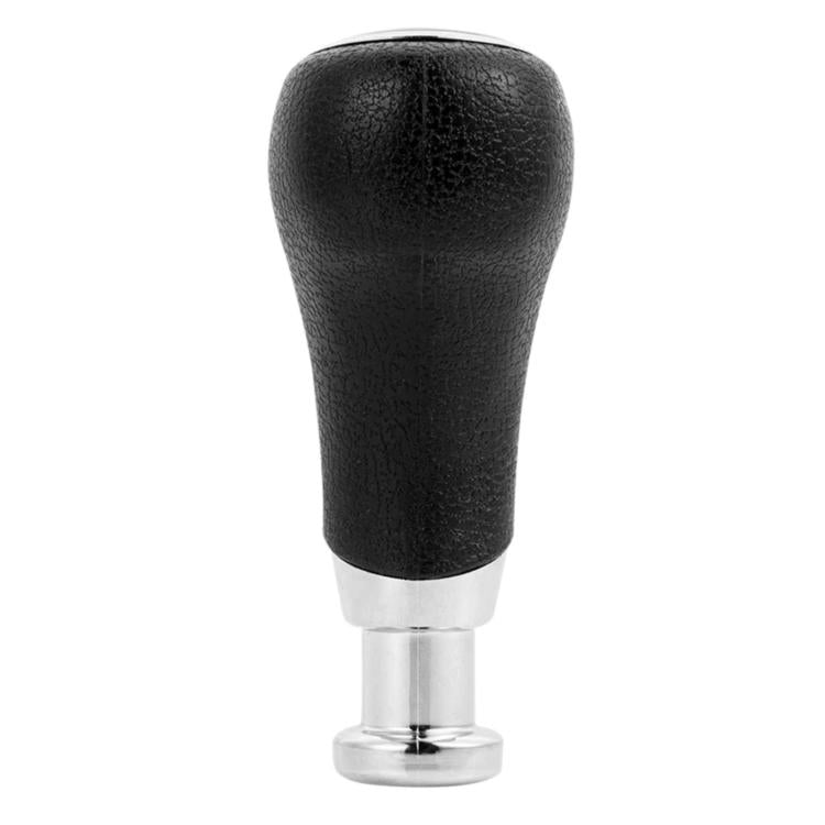 Black gear shift knob with textured leather grip and silver base