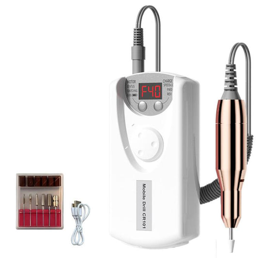 White electric nail drill with LCD display and rose-gold metal e-file handpiece