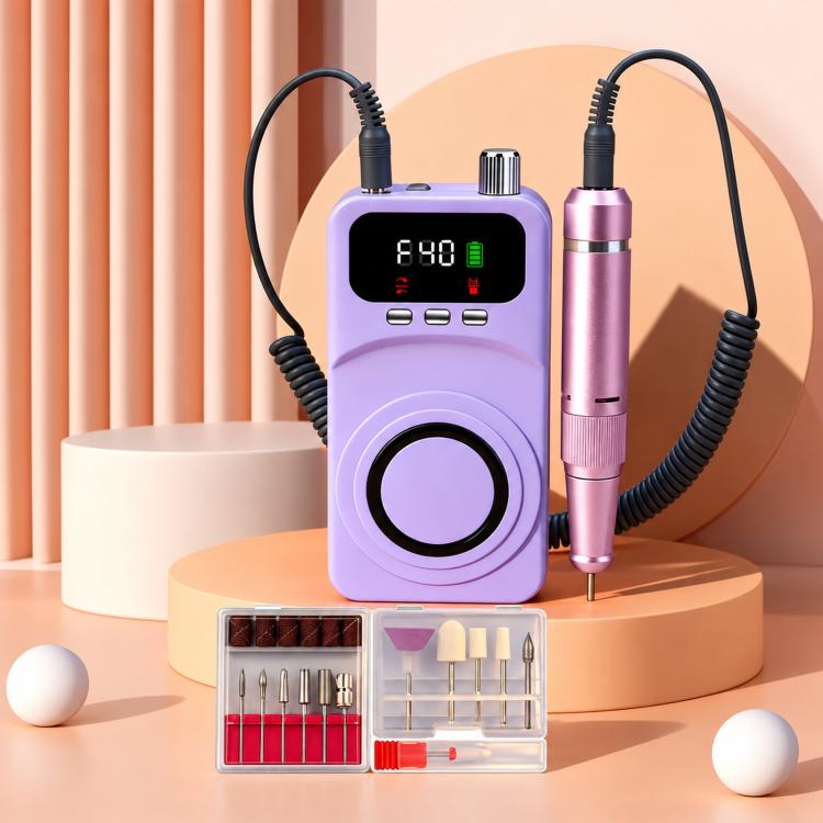 Purple rechargeable electric nail drill with LCD display, handheld file and bit case