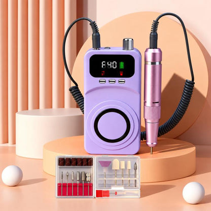 Purple rechargeable electric nail drill with LCD display, handheld file and bit case