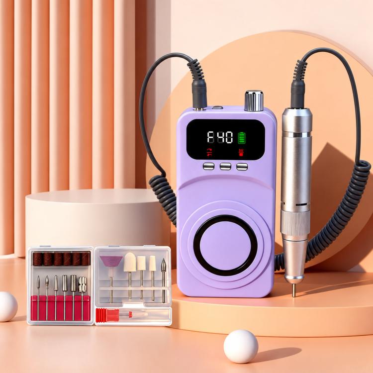 Purple rechargeable electric nail drill kit with LCD display, handpiece and bits tray