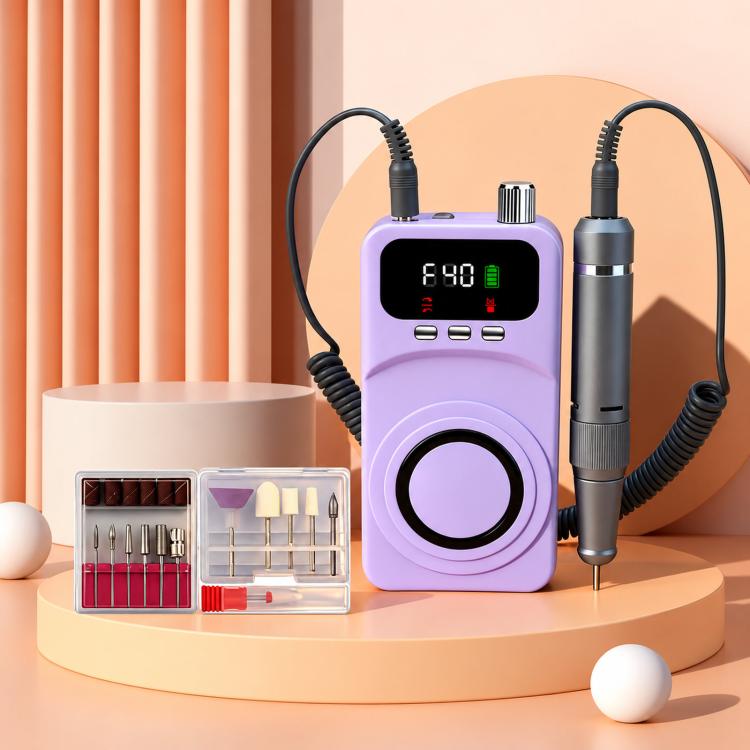 Purple rechargeable nail drill with LCD panel, handheld file and accessories case