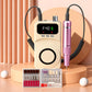 Beige rechargeable electric nail drill with LCD display, handpiece and bit accessories