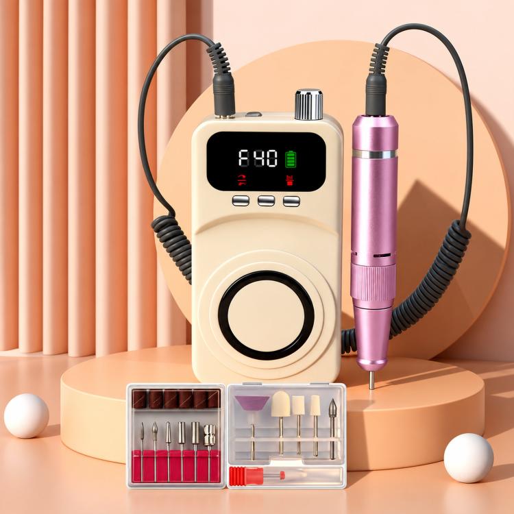 Beige rechargeable electric nail drill with LCD display, handpiece and bit accessories