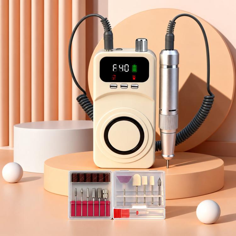 Beige rechargeable electric nail drill kit with LCD display, handpiece and bit case