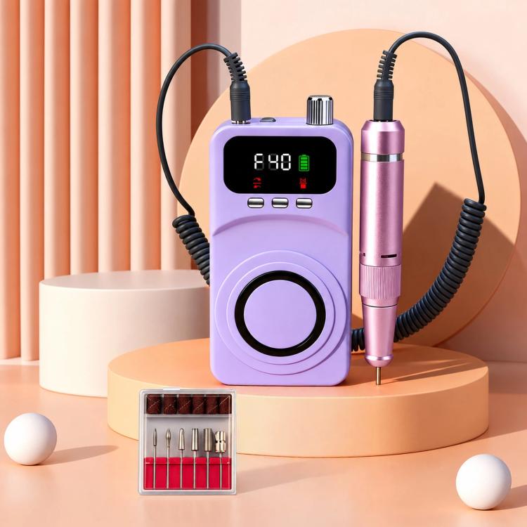 Purple rechargeable nail drill with LCD display, handpiece, and compact bit set