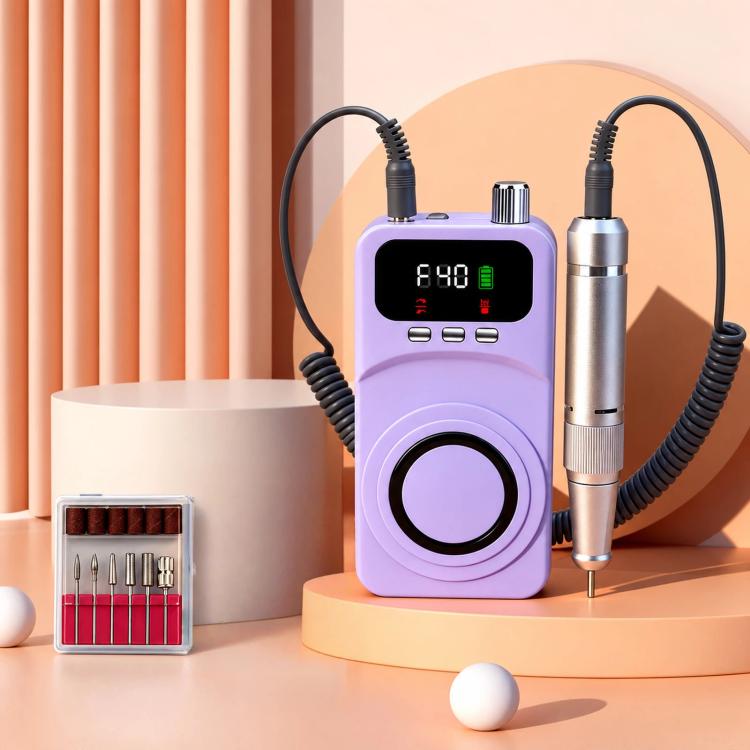 Purple rechargeable electric nail drill kit with LCD display, handpiece and bit case