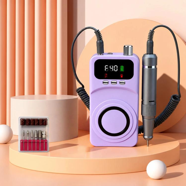 Purple rechargeable nail drill with LCD panel, handpiece and accessories case