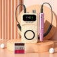 Beige rechargeable electric nail drill with LCD display, handpiece and bit case