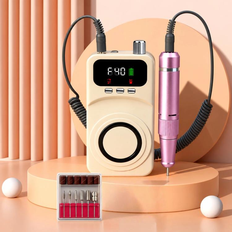 Beige rechargeable electric nail drill with LCD display, handpiece and bit case