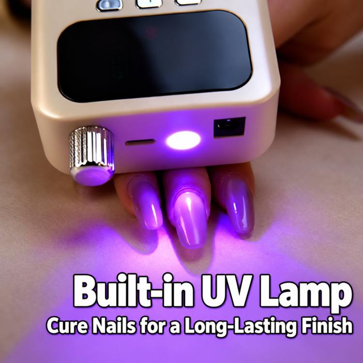 Electric nail drill handpiece with built-in UV lamp glowing under nail tips
