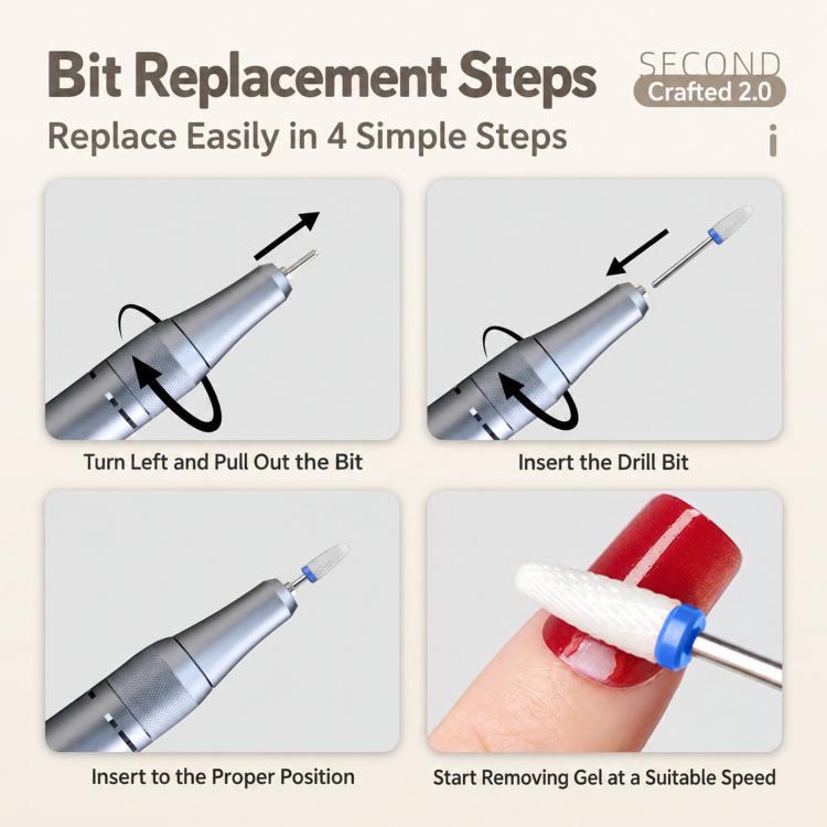 Nail drill bit replacement steps showing bit inserted and capped for removal from handpiece