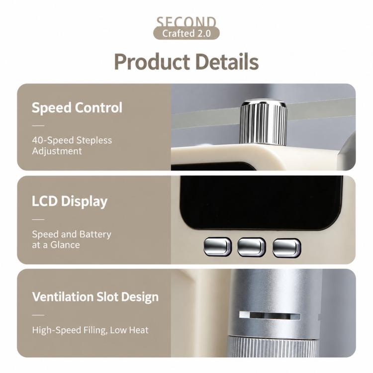 Electric nail drill machine detail with control buttons and ventilation slot near vented grip