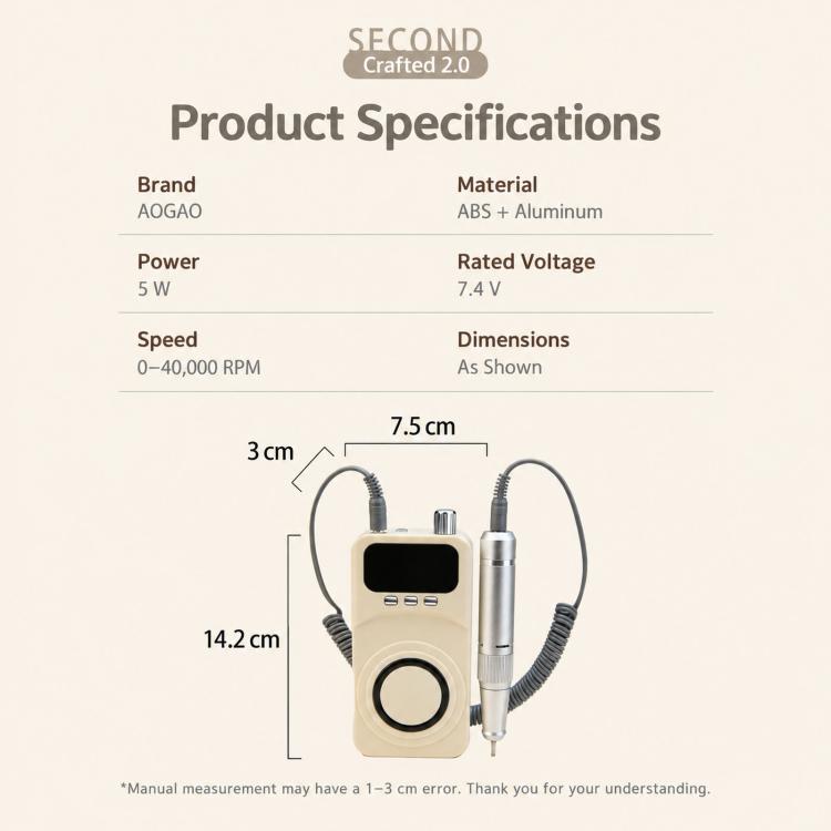 Electric nail drill machine with compact base and handpiece shown with size diagram