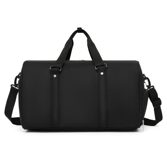 Black sports duffle bag with top handles, side straps, and front zipper pocket details