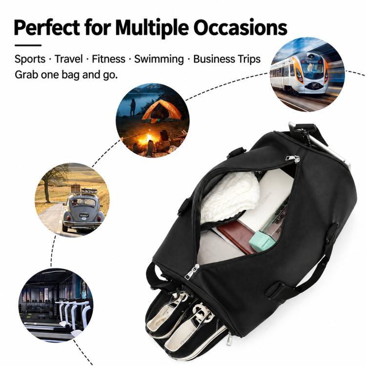 Black sports duffle bag open view with separate inner storage compartments