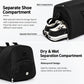 Black sports duffle bag showing separated shoe compartment and dry/wet pocket