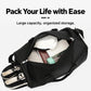 Black sports duffle bag open with organized interior and shoe compartment