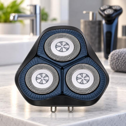 Blue and black triple shaving head assembly with three circular foil cutters and base