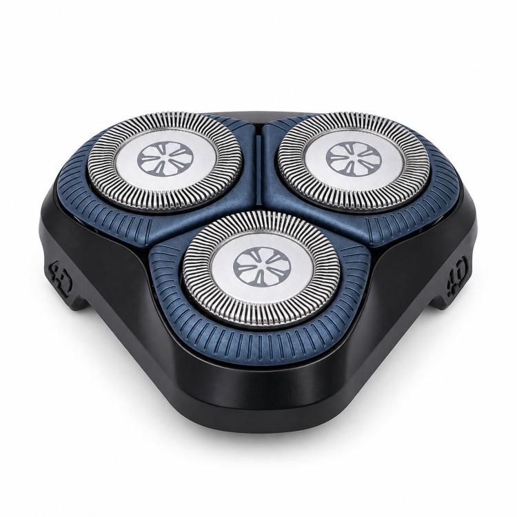 Three circular foil shaver heads on blue pads with black replacement head assembly