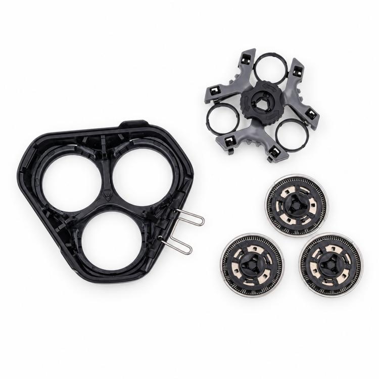 Replacement shaver head parts set with three cutter units, frame, and mounting pieces