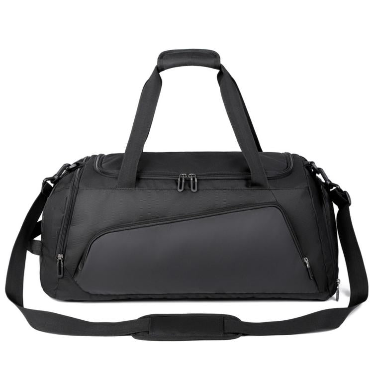 Large black gym duffel bag with top handle, shoulder strap, and zip front pockets.