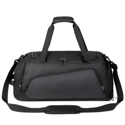 Large black gym duffel bag with top handle, shoulder strap, and zip front pockets.