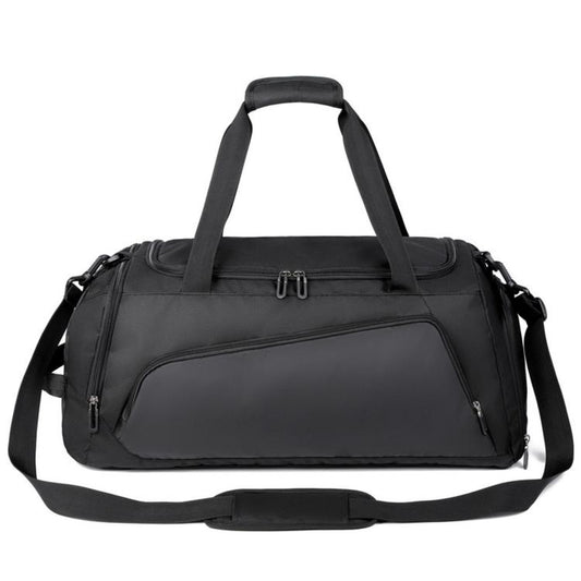 Large black gym duffel bag with top handle, shoulder strap, and zip front pockets.