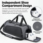 Gray duffel bag with independent shoe compartment and exterior zipper pockets.