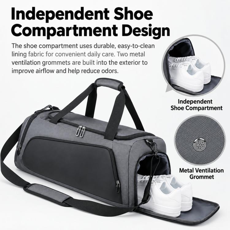 Gray duffel bag with independent shoe compartment and exterior zipper pockets.