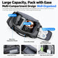 Large duffel bag shown open, with multiple compartments and separate shoe section.