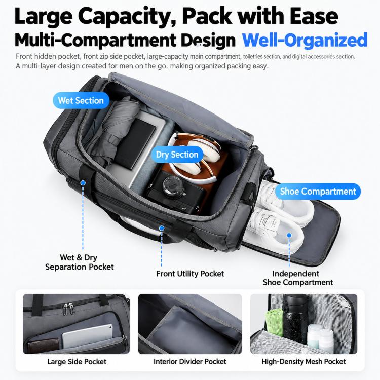 Large duffel bag shown open, with multiple compartments and separate shoe section.
