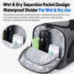 Gym duffle bag with wet/dry pocket, open front compartment