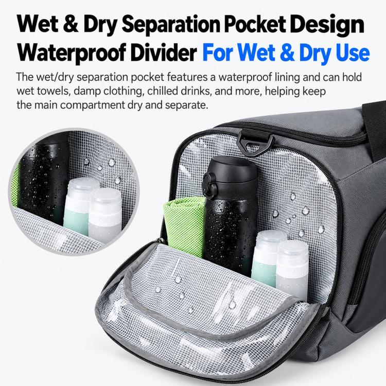 Gym duffle bag with wet/dry pocket, open front compartment