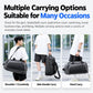 Black duffel bag with multiple carrying options: shoulder crossbody, side handle, hand carry.
