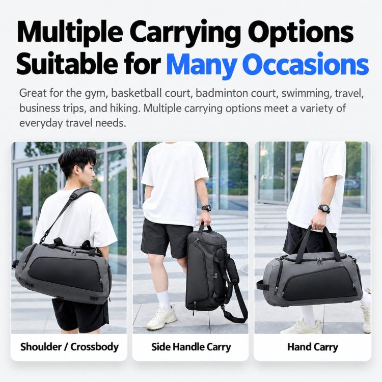 Black duffel bag with multiple carrying options: shoulder crossbody, side handle, hand carry.