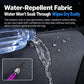 Water-repellent dark fabric duffel bag close-up with water droplets on surface.