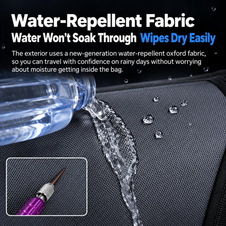 Water-repellent dark fabric duffel bag close-up with water droplets on surface.