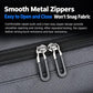 Close-up of smooth metal zippers on a gray duffel bag front pocket.