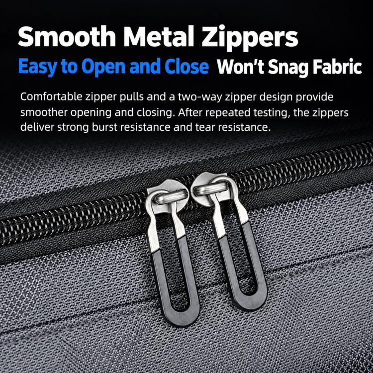 Close-up of smooth metal zippers on a gray duffel bag front pocket.