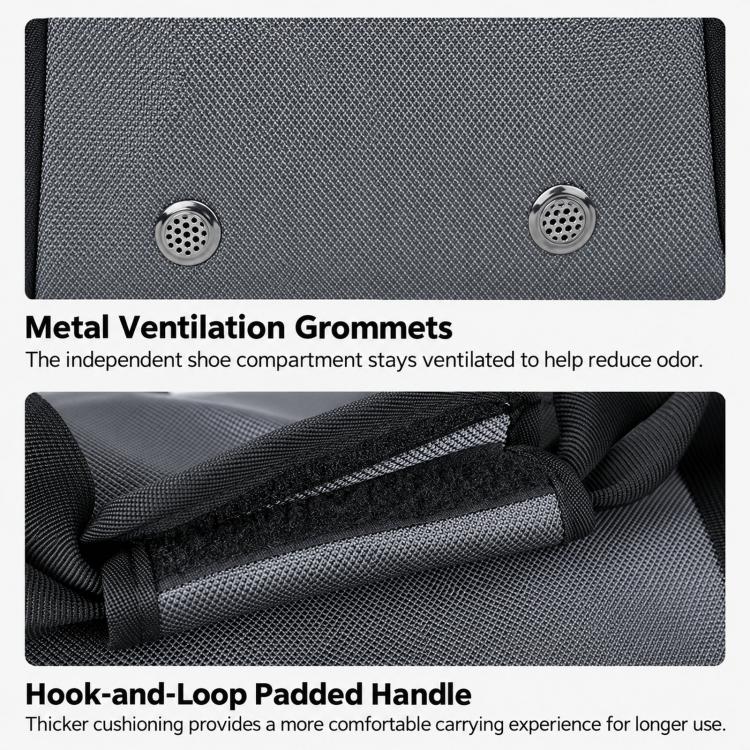 Large gym duffle bag with metal ventilation grommets and padded hook-and-loop handle