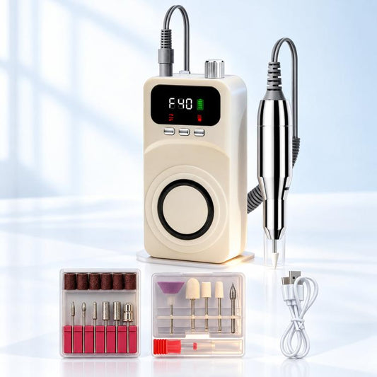 Beige portable cordless nail drill machine with handpiece, display, and bit set